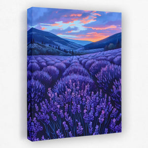 a painting of a lavender field at sunset
