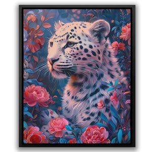 a painting of a white leopard surrounded by flowers