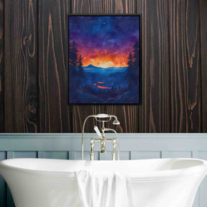 a bathroom with a tub and a painting on the wall