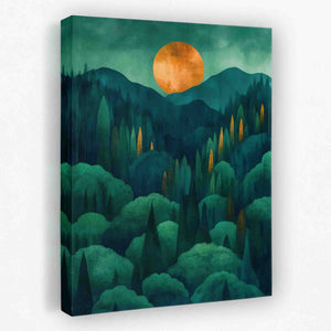 a painting of a forest with a full moon