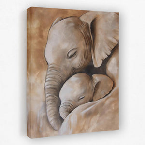 a painting of a mother elephant and her baby