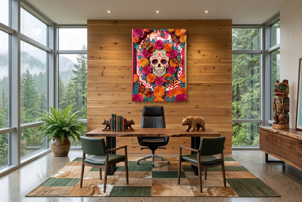 Calavera Marigold Monarchs — calavera marigold monarchs office with wooden desk 1port flush print
