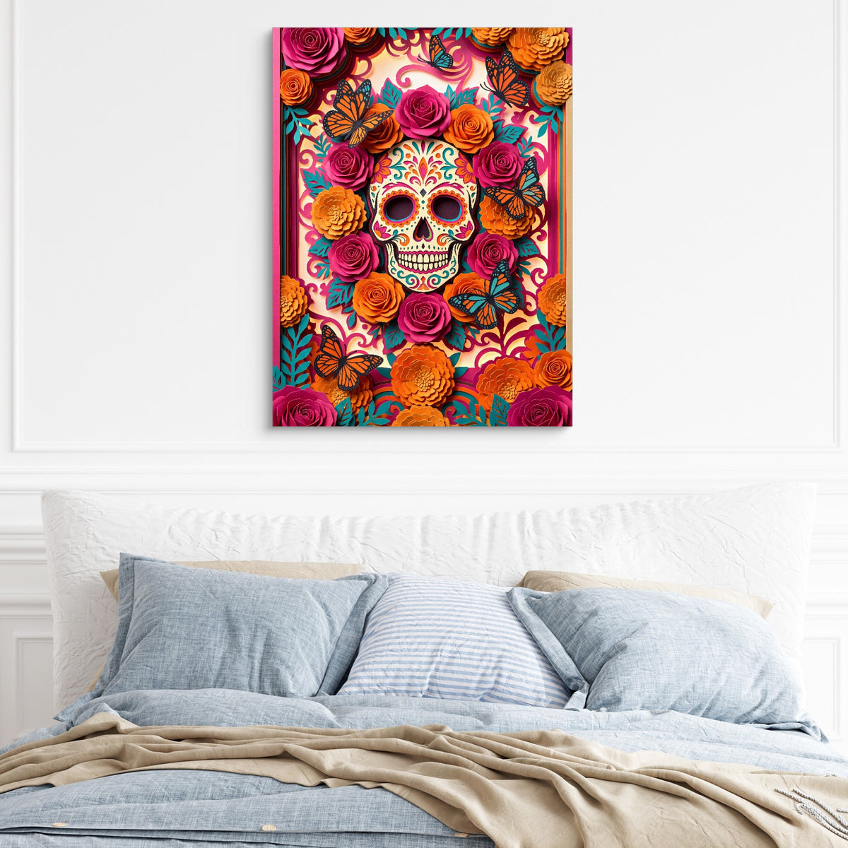 Calavera Marigold Monarchs — calavera marigold monarchs sq light blue bed 1port flush print