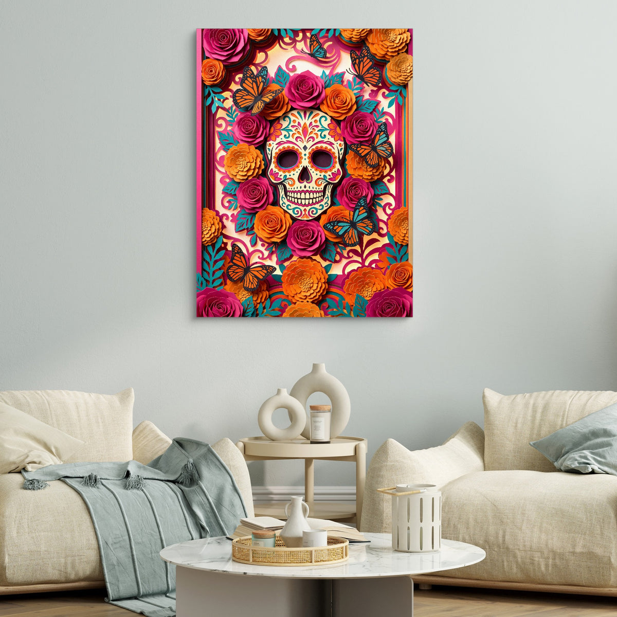 Calavera Marigold Monarchs — calavera marigold monarchs sq white couches 1port flush print