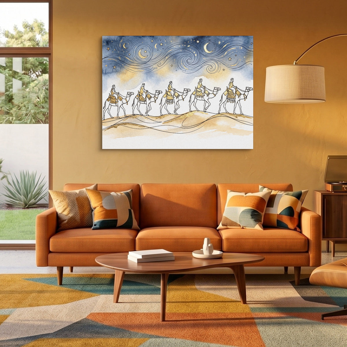 Camel Caravan Gold Line — camel caravan gold line sq orange room 2 1land flush print