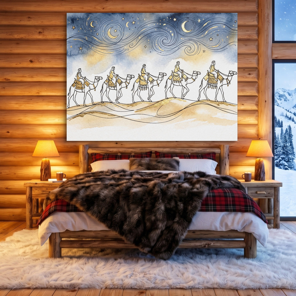 Camel Caravan Gold Line — camel caravan gold line sq cozy cabin 1land flush print