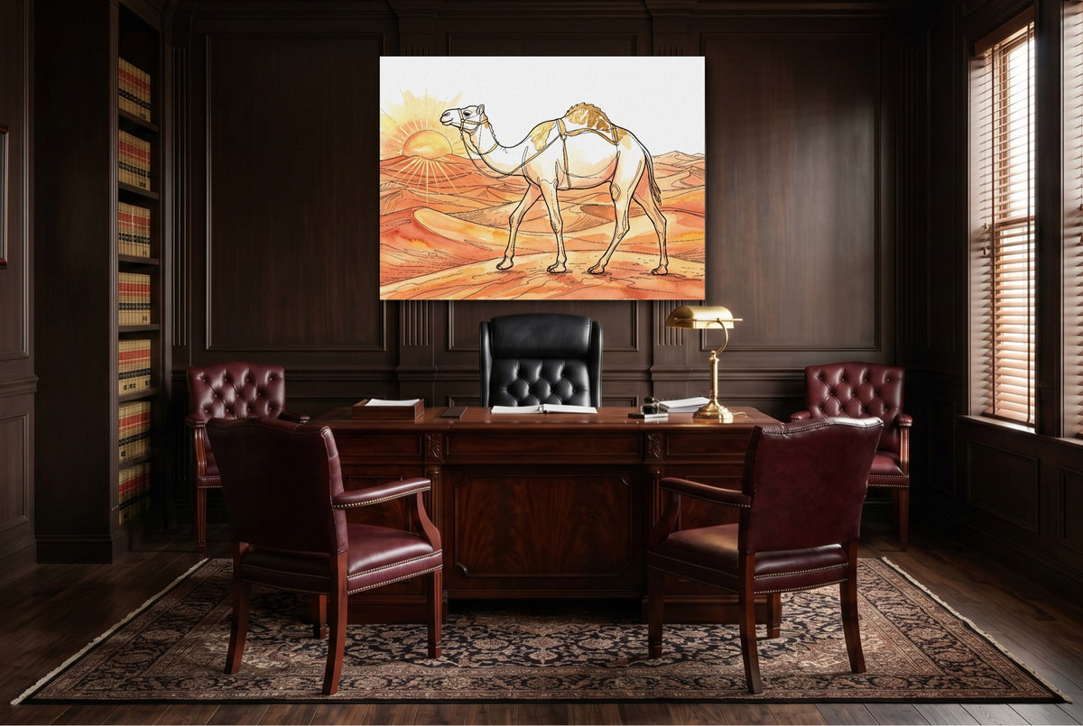 Camel Desert Sunset — camel desert sunset wooden office with desk 1land flush print