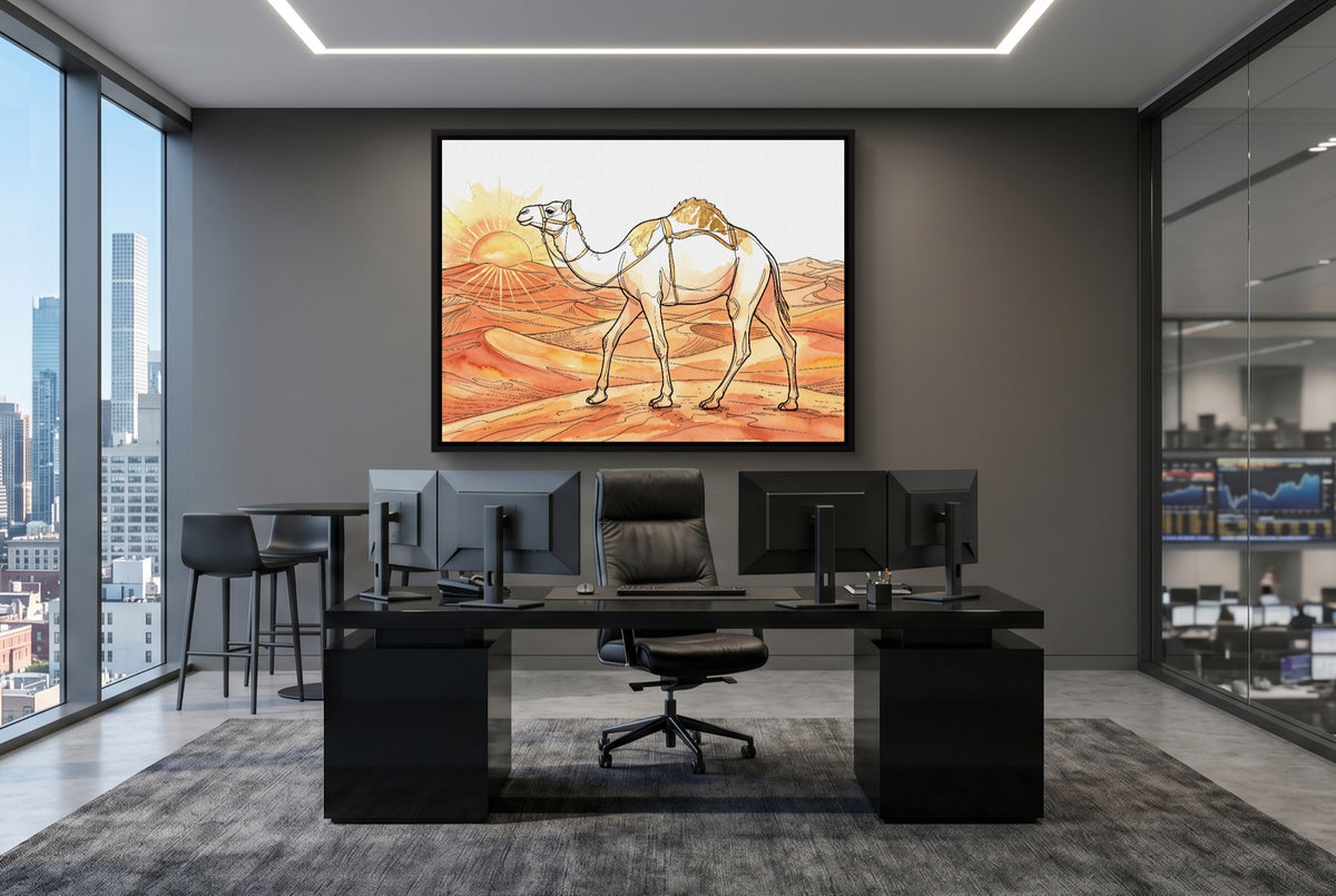 Camel Desert Sunset — camel desert sunset office desk with monitors 1land framed black