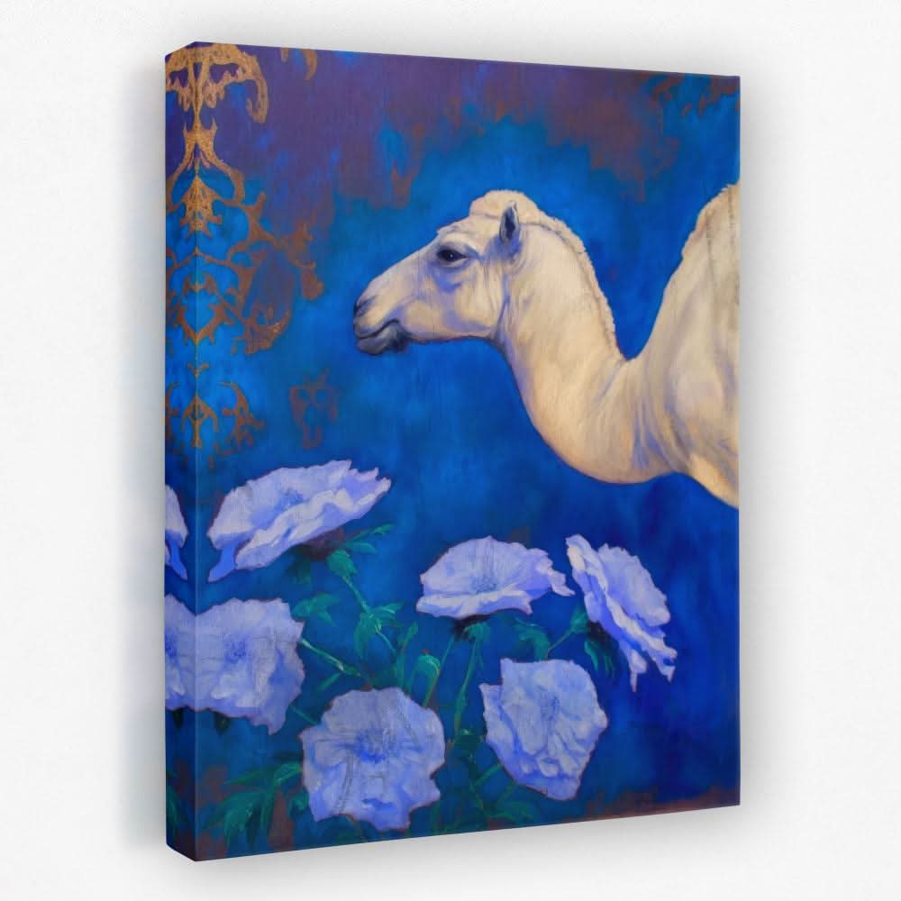 Camel With Blue Flowers - Animals Canvas Wall Art