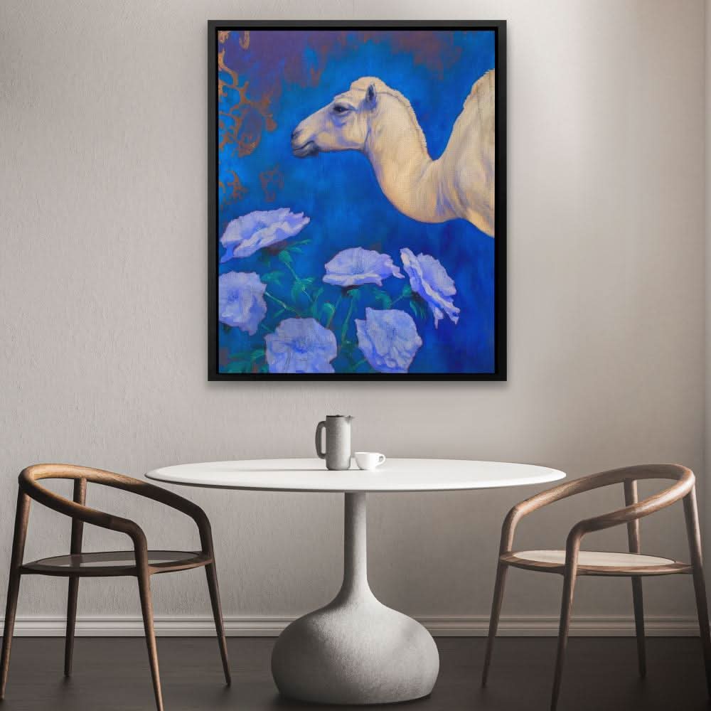 Camel With Blue Flowers - Modern Wall Art in Black Frame