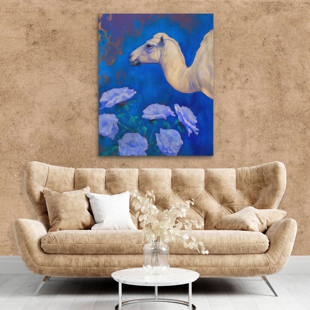 Camel With Blue Flowers - Blue Camel Canvas Print