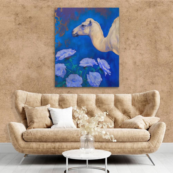 Camel With Blue Flowers in a room