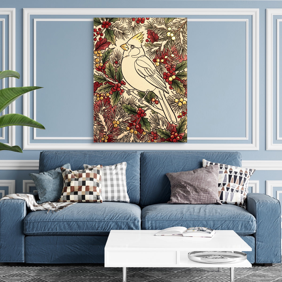 Cardinal Winter Berries — cardinal winter berries sq blue room and walls 1port flush print