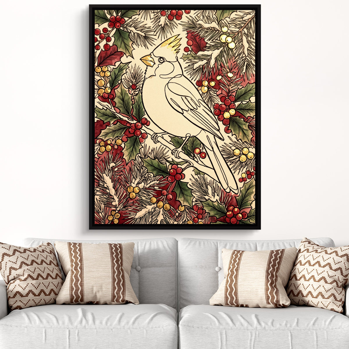 Cardinal Winter Berries — cardinal winter berries sq white groovy couch close 1port framed black