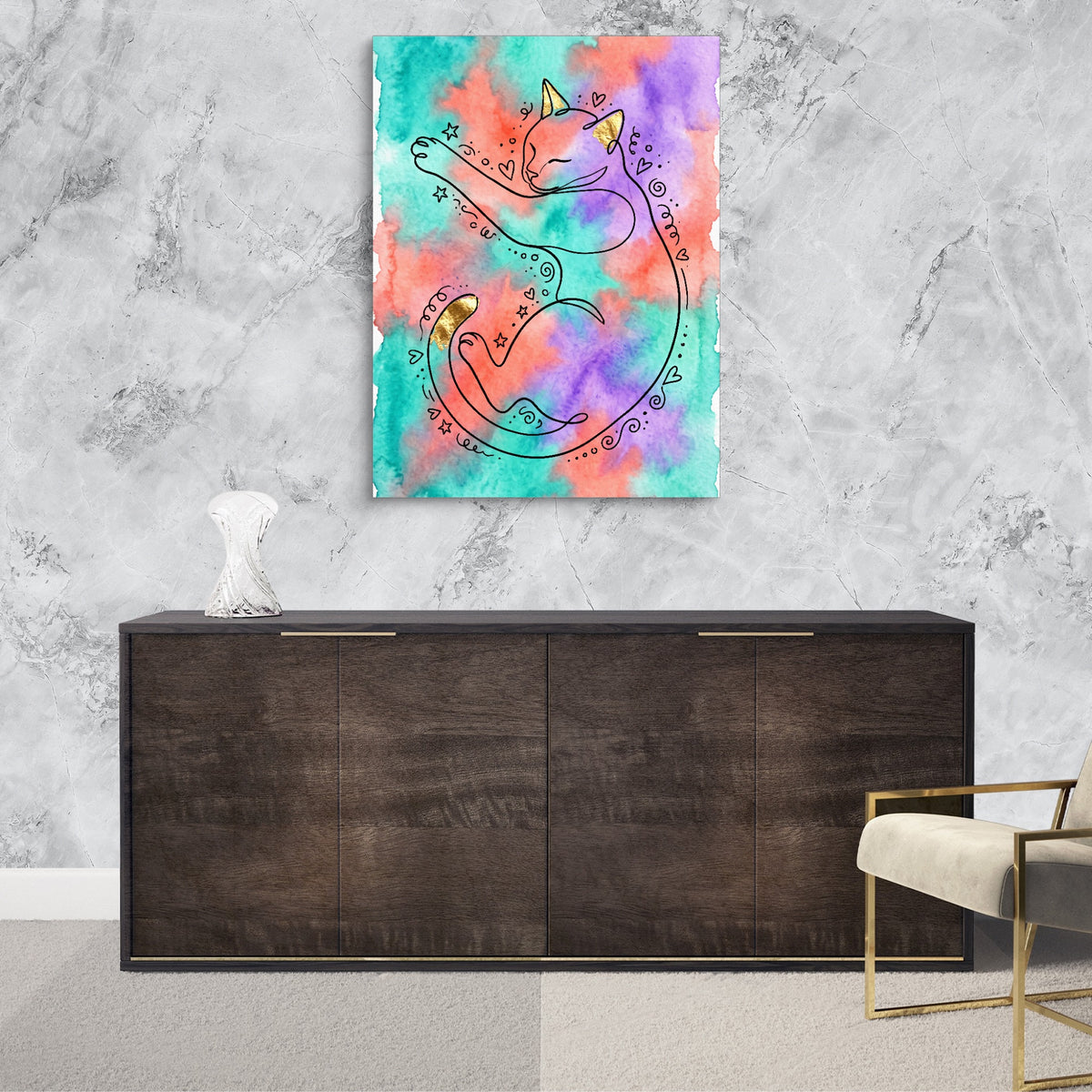 Cat Dreamy Watercolor — cat dreamy watercolor sq luxurious room granite wall 1port flush print