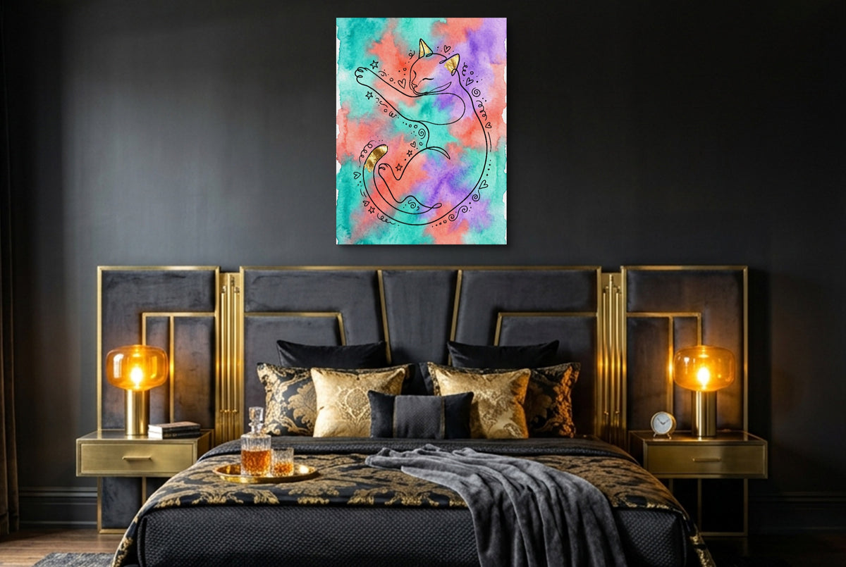 Cat Dreamy Watercolor — cat dreamy watercolor bedroom with window 2 1port flush print