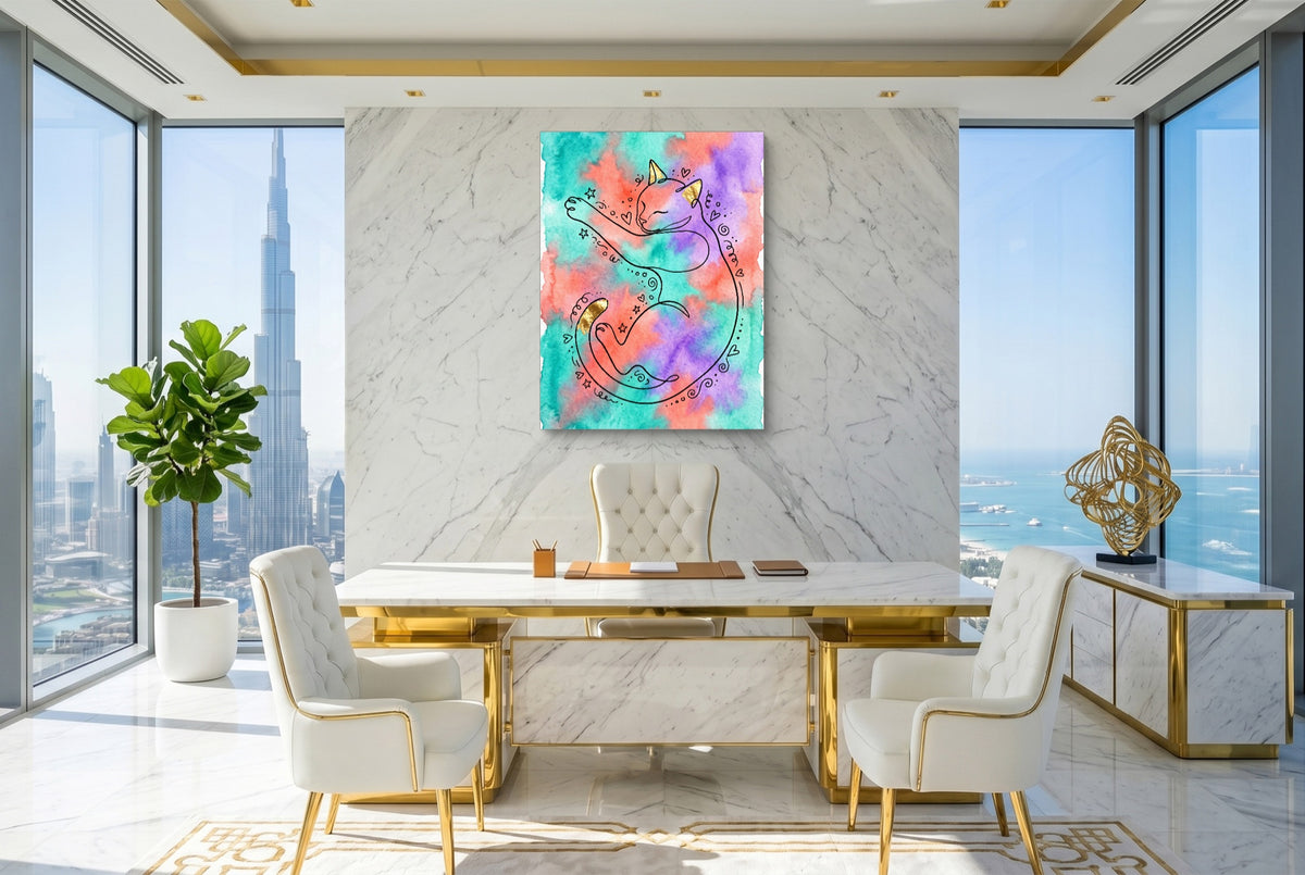 Cat Dreamy Watercolor — cat dreamy watercolor office with city view 2 1port flush print