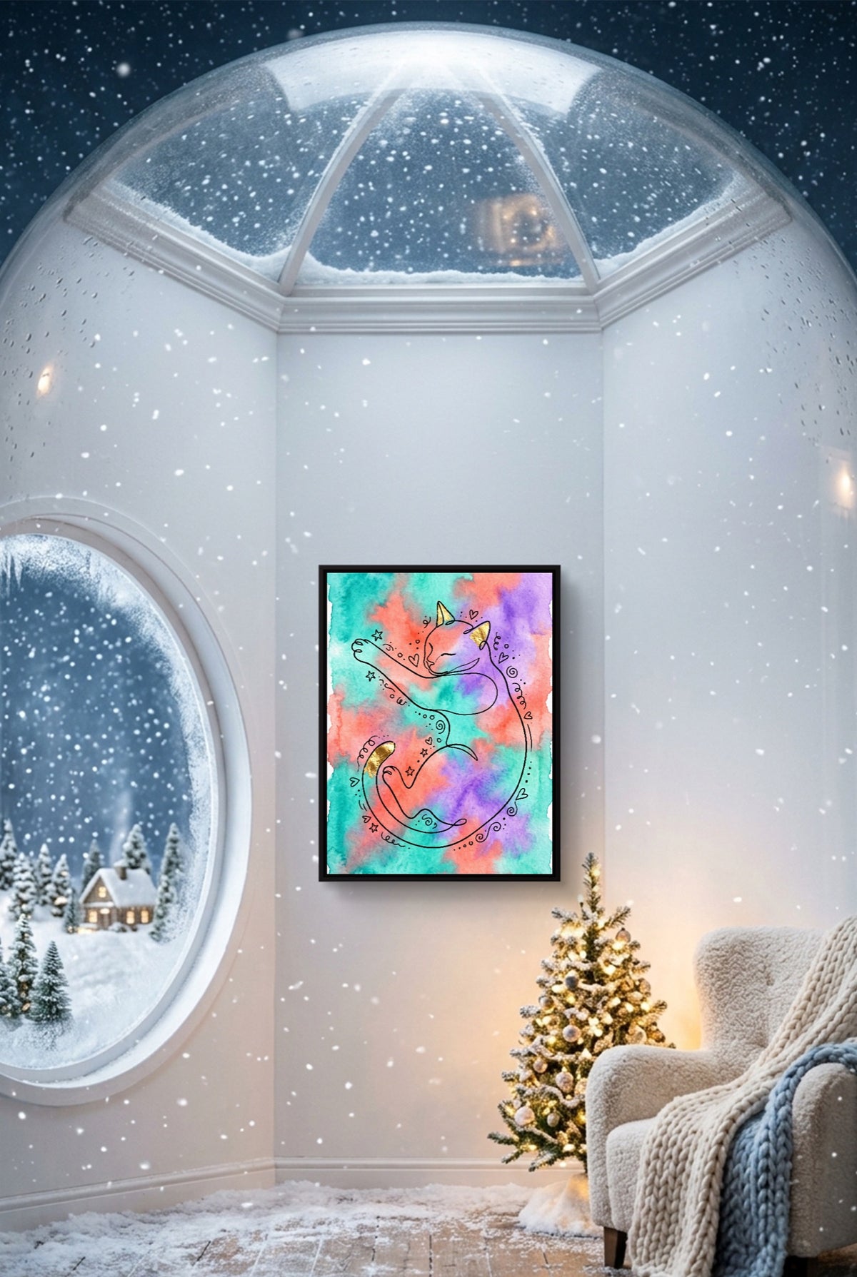 Cat Dreamy Watercolor — cat dreamy watercolor p snow globe interior scene 1port framed black