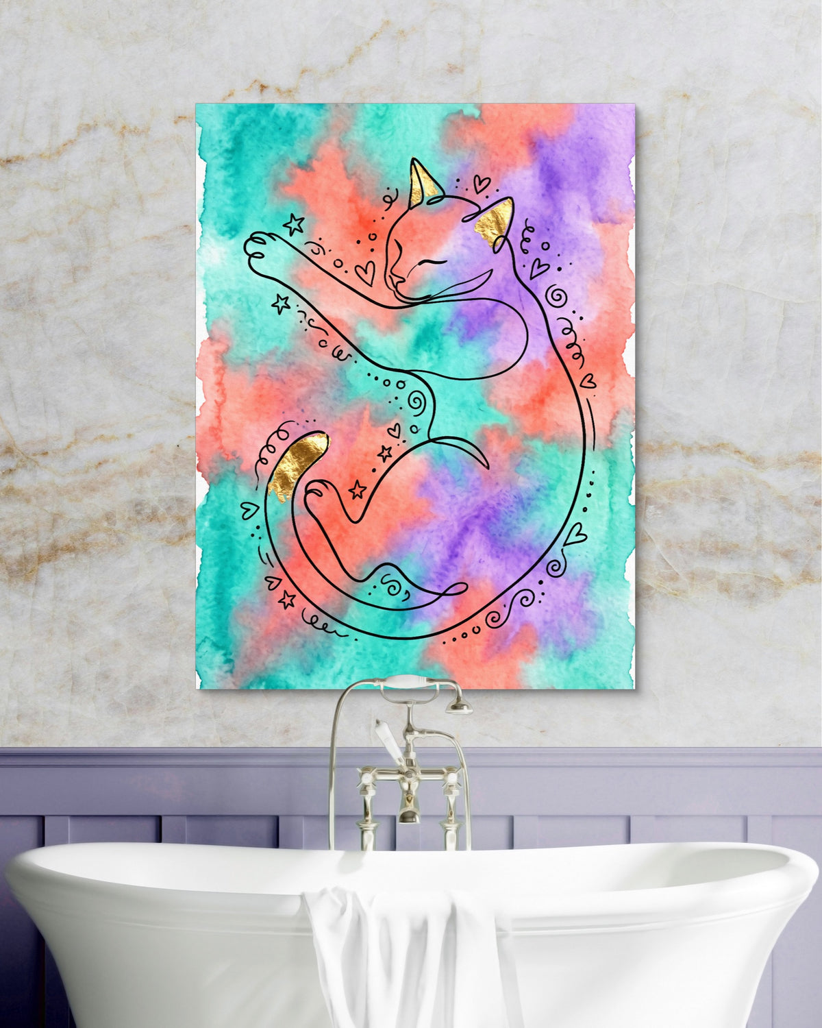 Cat Dreamy Watercolor — cat dreamy watercolor psd marble purple bath 1port flush print