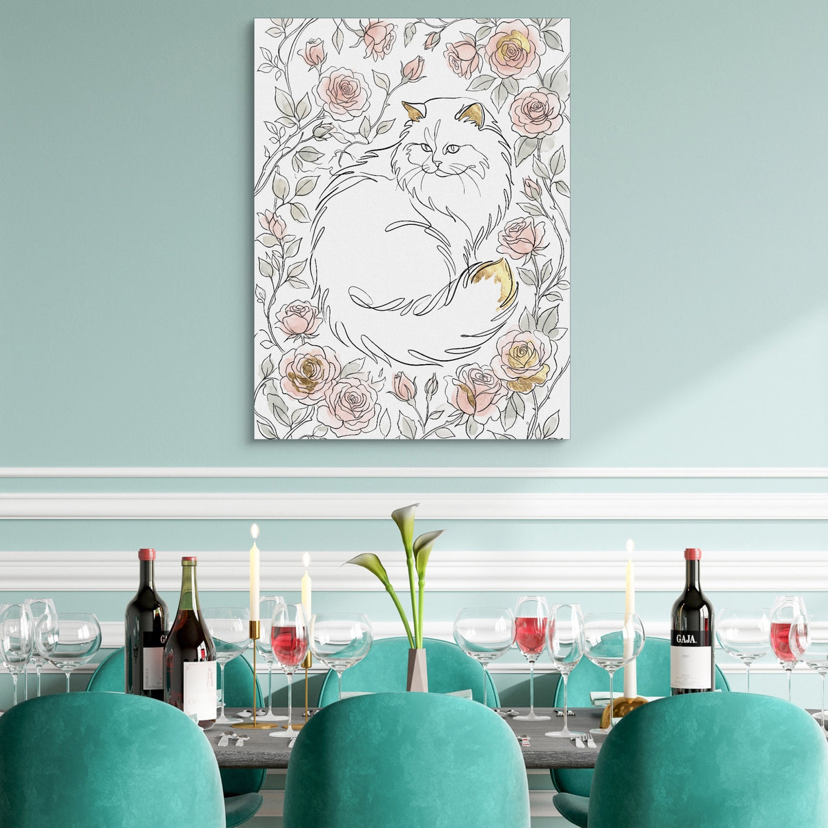Cat Golden Roses — cat golden roses sq teal dining room 1port flush print