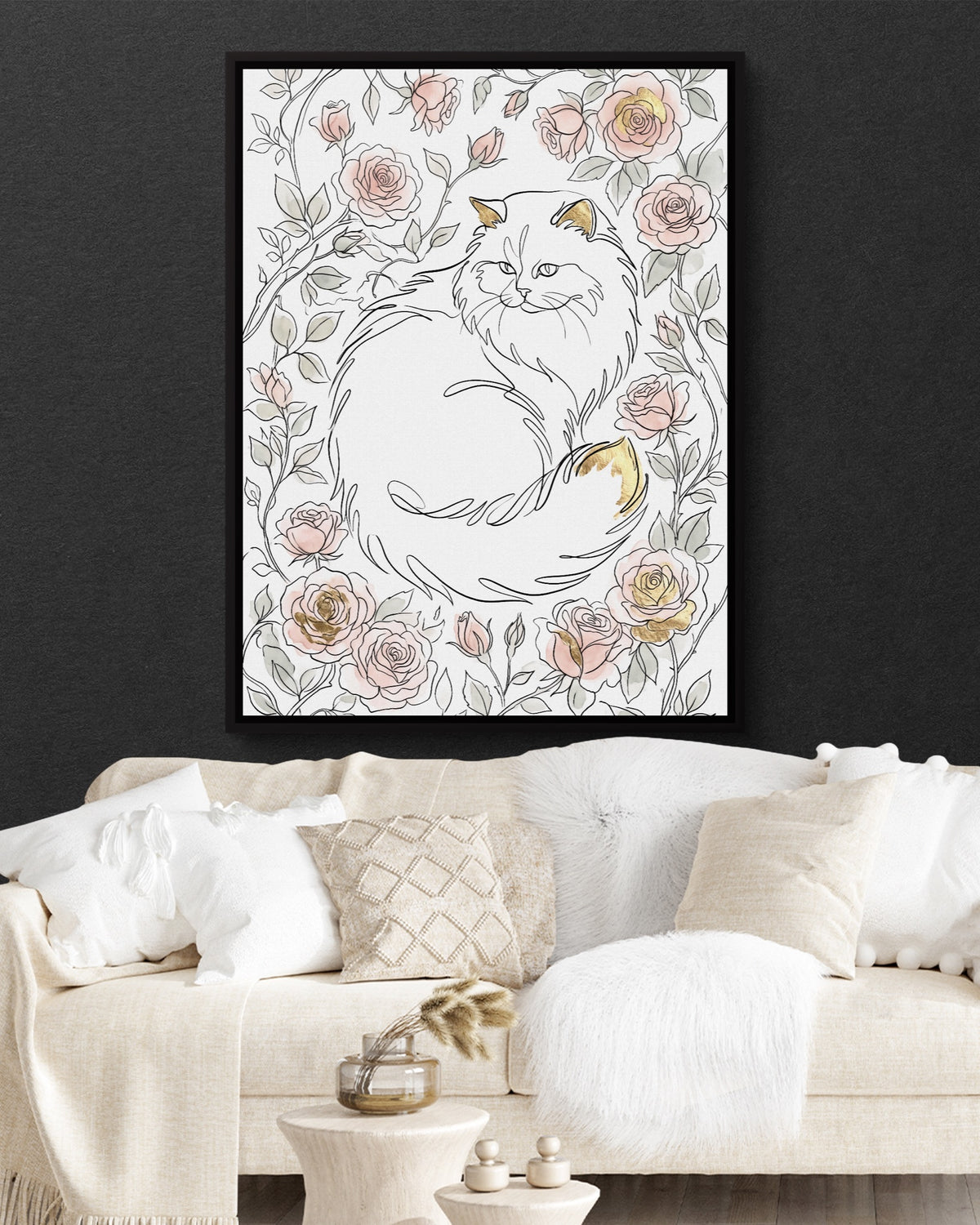 Cat Golden Roses — cat golden roses psd black wall white couch 1port framed black