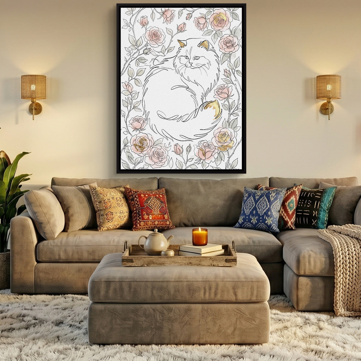 Cat Golden Roses — cat golden roses sq az livingroom 1port framed black