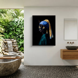 Cat with a Pearl Earring — cat with a pearl earring sq outdoor bathroom 1port framed black