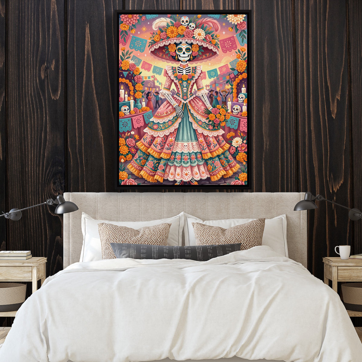 Catrina Festive Bloom — catrina festive bloom sq bedroom with wood walls 1port framed black