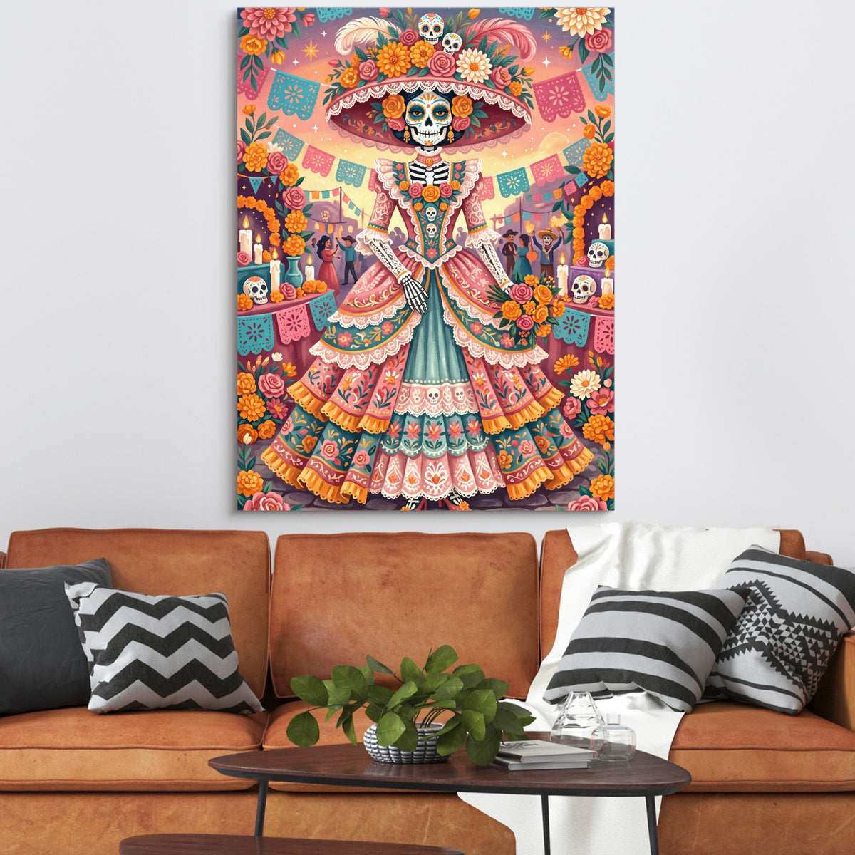 Catrina Festive Bloom — catrina festive bloom sq orange couch 1port flush print