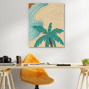 a painting of a palm tree on a wall above a desk