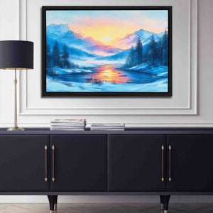 a painting hanging on a wall above a sideboard