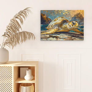 Golden Glow Turtle on a Beach Art Print - Luxury Wall Art 