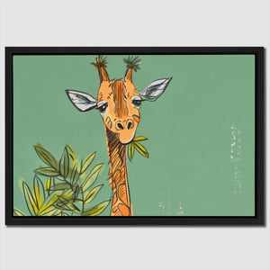 a painting of a giraffe eating leaves