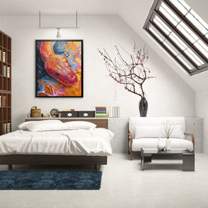 a bed room with a neatly made bed and a painting on the wall