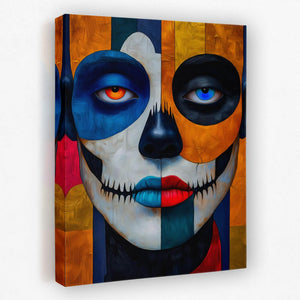 a painting of a skeleton with blue eyes