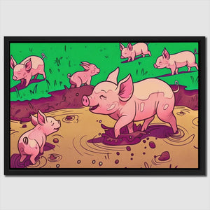 a painting of pigs in a muddy field