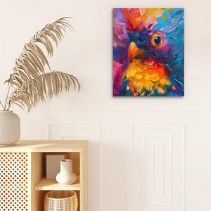 a painting of a colorful bird on a white wall