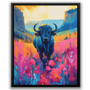 a painting of a bull in a field of flowers