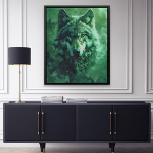 a painting of a wolf in a living room