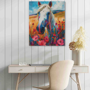 a painting of a horse in a field of flowers