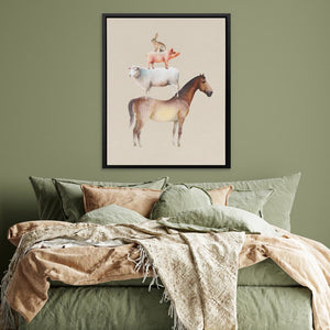 a bed with a green comforter and a painting of a horse