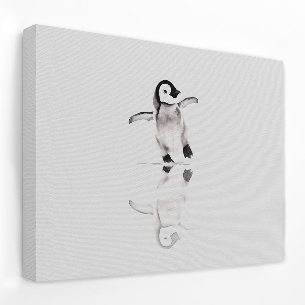 a bed with a penguin painting on the wall above it