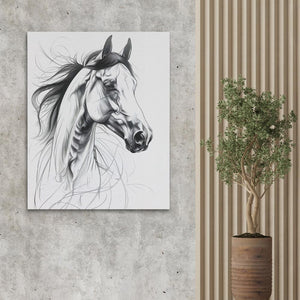 a drawing of a horse on a wall next to a potted plant