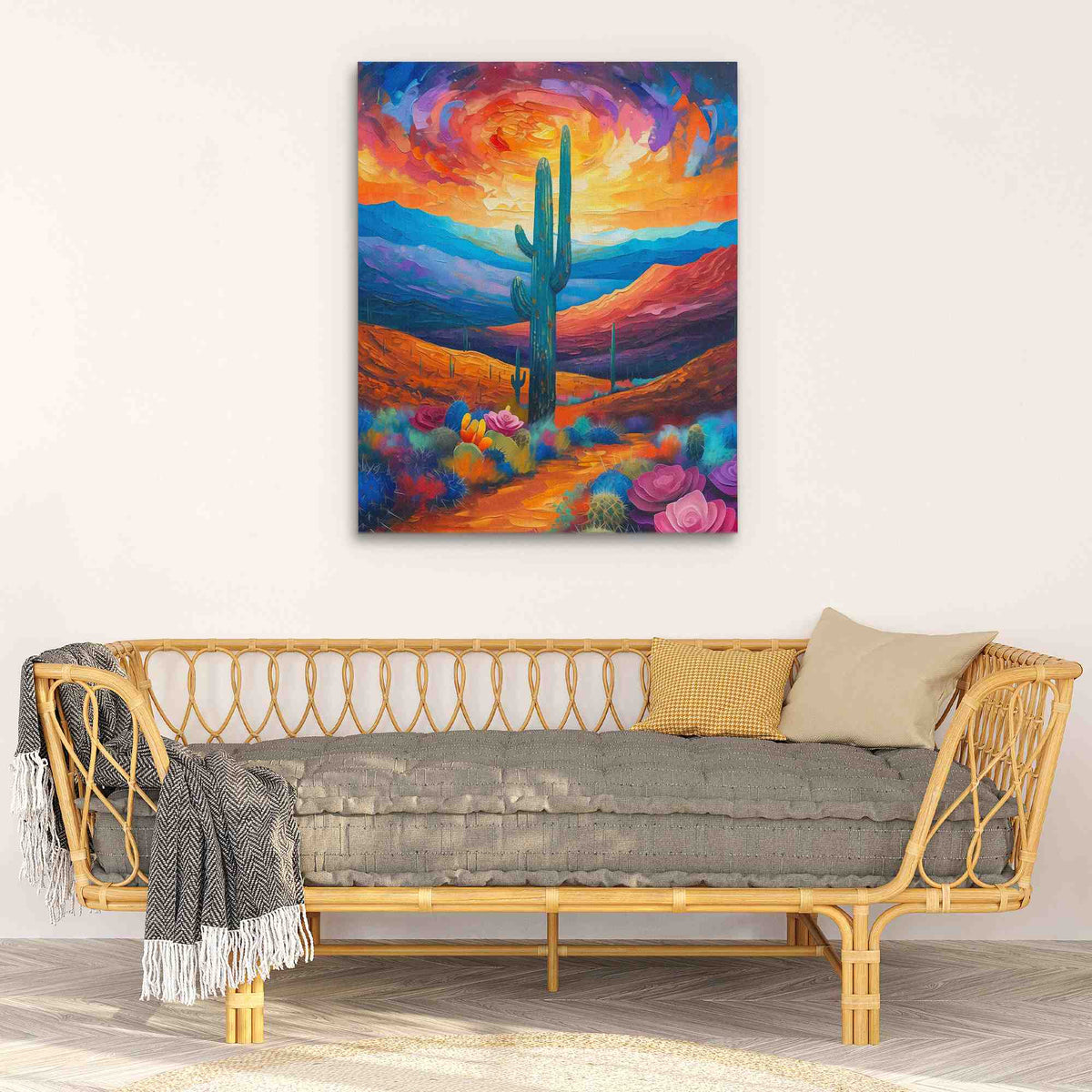 a living room with a couch and a painting on the wall