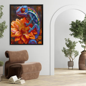 a painting of a chamelon on a flower in a living room