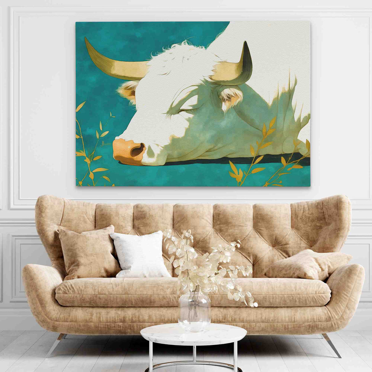 a living room with a couch and a cow painting on the wall
