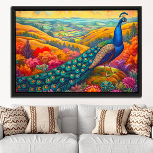 a painting of a peacock on a wall above a couch