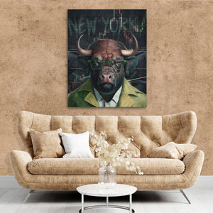 a living room with a couch and a painting of a bull