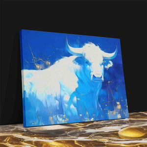 a painting of a white bull on a blue background