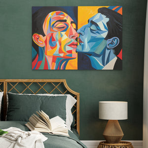 a bedroom with a bed and a painting on the wall